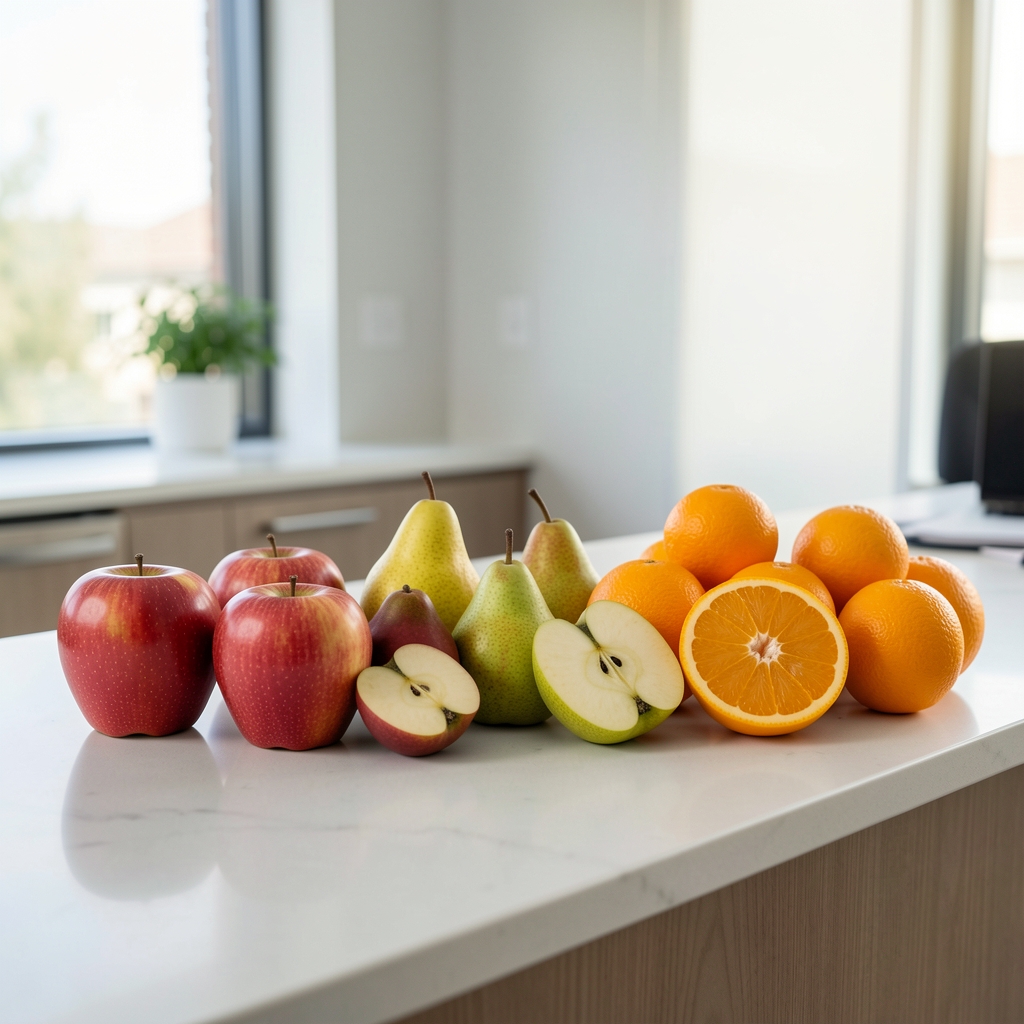 Fresh seasonal fruits — apples, pears, and citrus — displayed on a consultation counter as part of a dietary intake review session