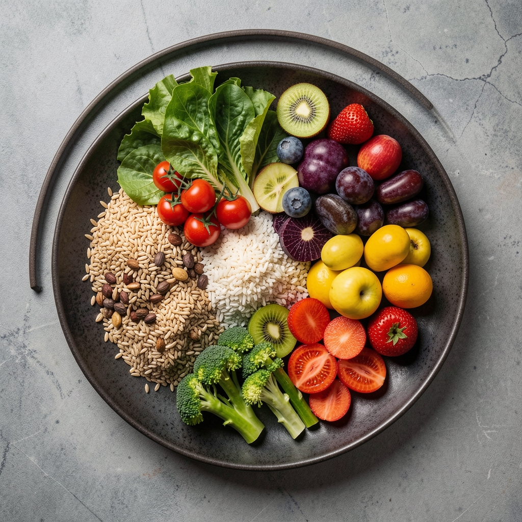 Overhead view of a carefully composed seasonal meal with fresh vegetables, grains, and fruits on a dark ceramic plate, Bucharest studio setting