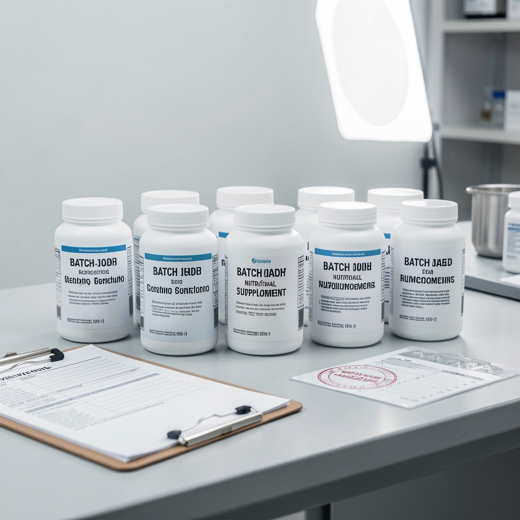Batch-coded nutritional supplement containers arranged on a quality-control bench under bright studio lighting with a clipboard and verification checklist visible