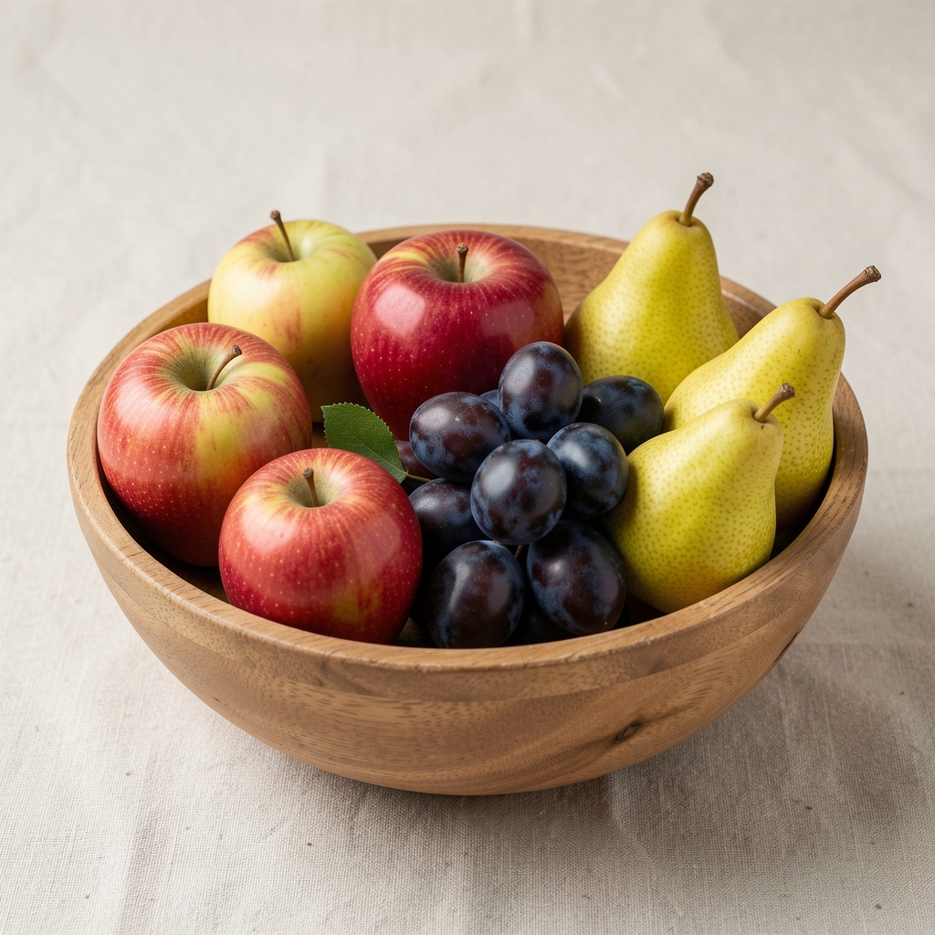 Fresh fruit bowl arrangement showing seasonal Romanian produce — apples, plums, and pears — on a light textured surface