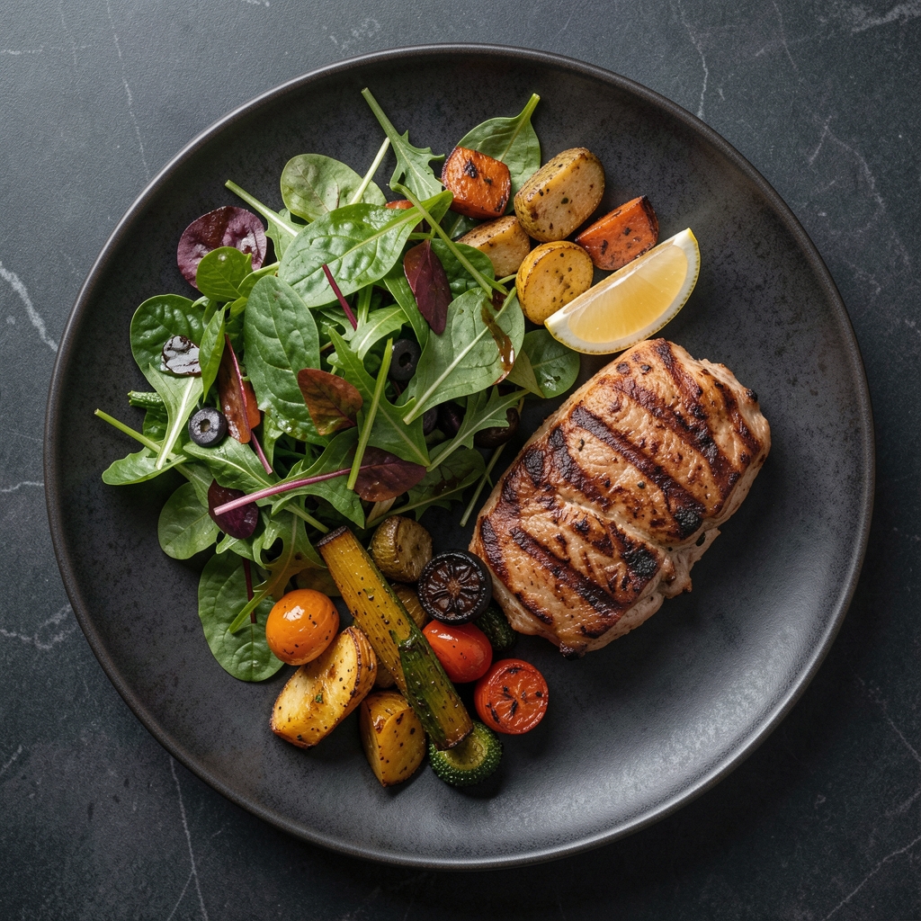 Overhead shot of a balanced meal plate featuring leafy green salad, roasted vegetables, grilled protein, and a lemon wedge on a dark ceramic surface
