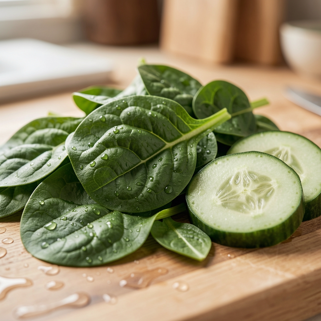 Detail photograph of fresh green spinach leaves and sliced cucumber arranged on a kitchen surface with water droplets, representing nutrient-dense food choices