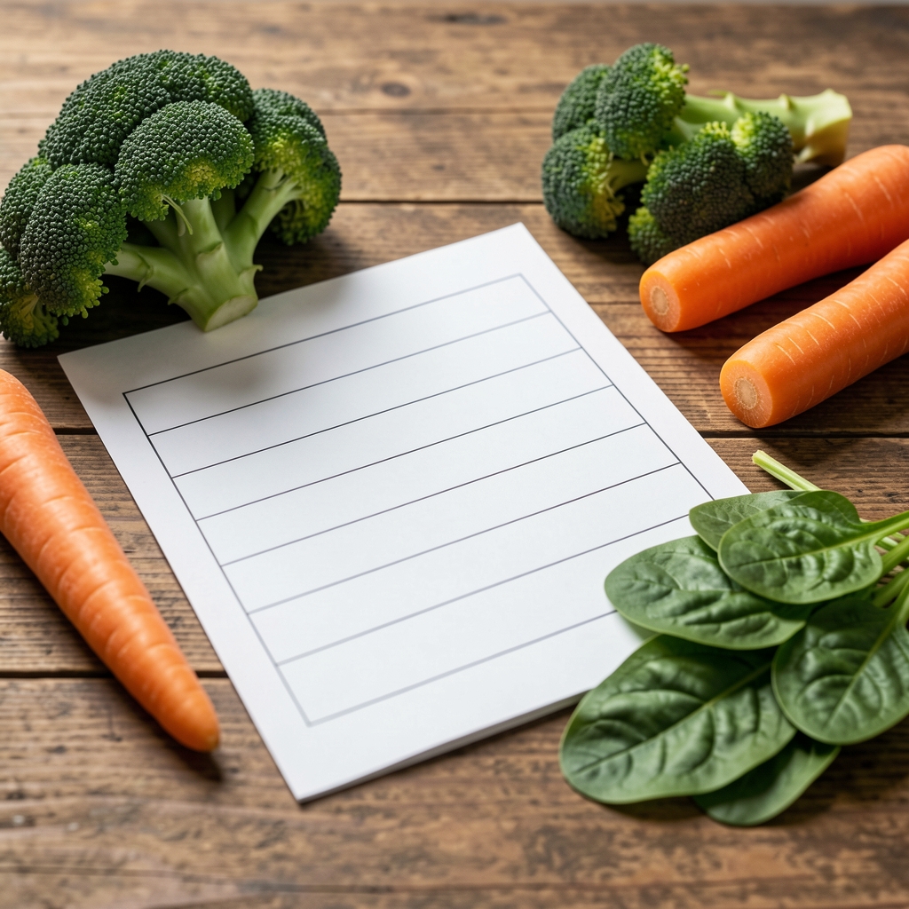 Close-up of a seasonal meal plan document on a wooden desk with fresh vegetables including broccoli, carrots, and spinach arranged alongside